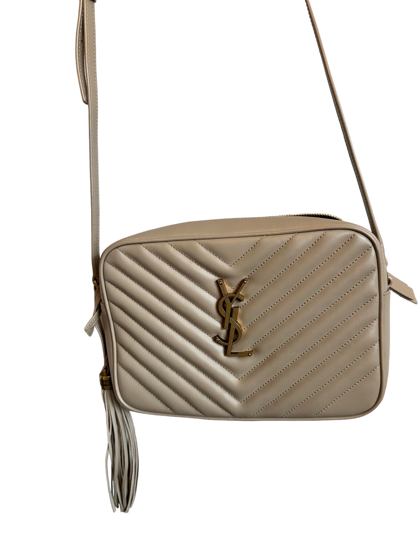 YSL Calfskin Matelasse Monogram Lou Camera Bag Nude Powder