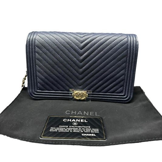 Chanel Leboy Chain Chevron Blue Caviar Cross Body Bag