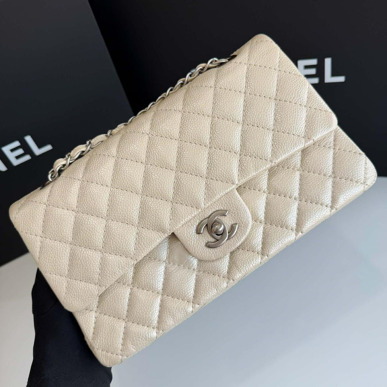 Chanel Classic Medium in pearly white silver hardware
