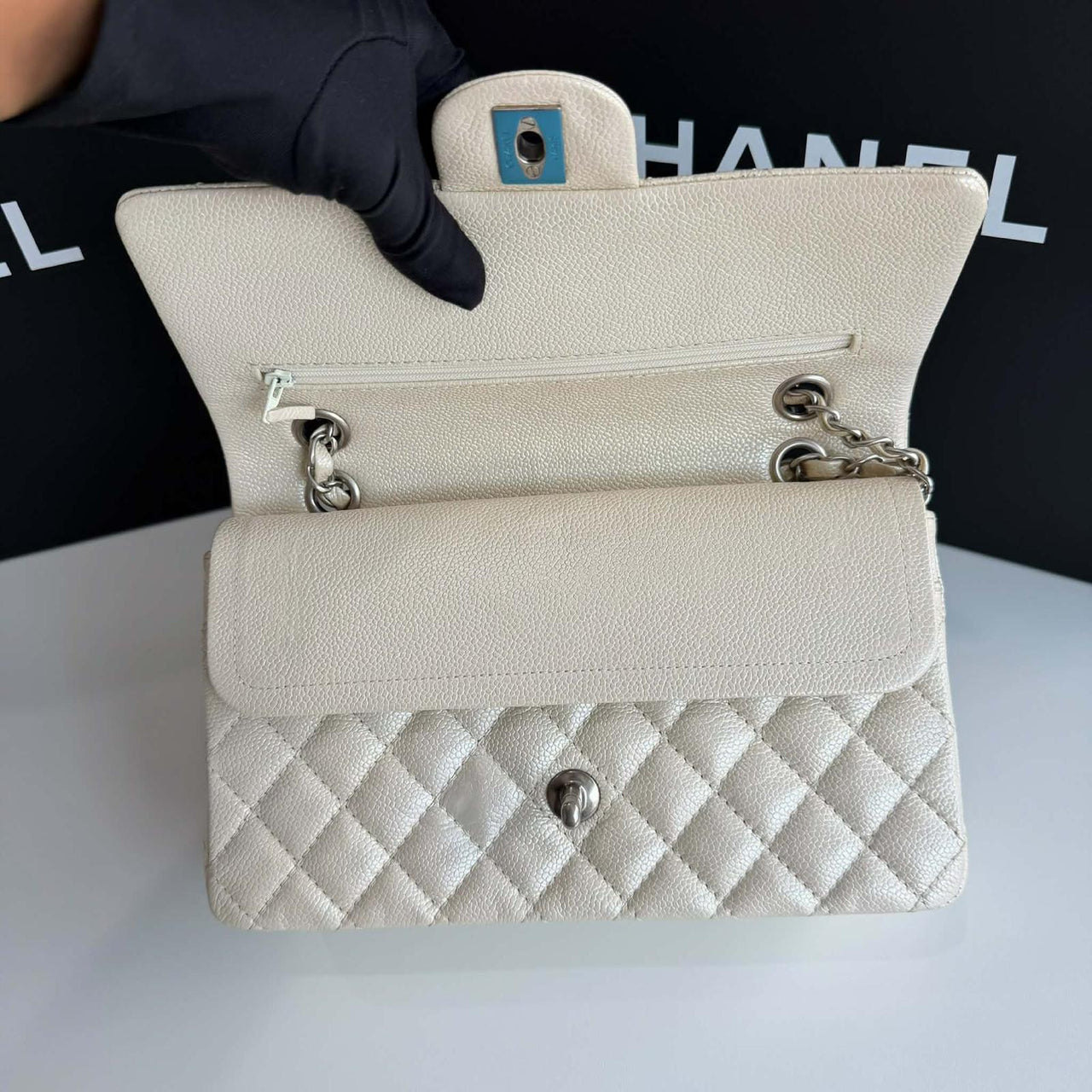 Chanel Classic Medium in pearly white silver hardware