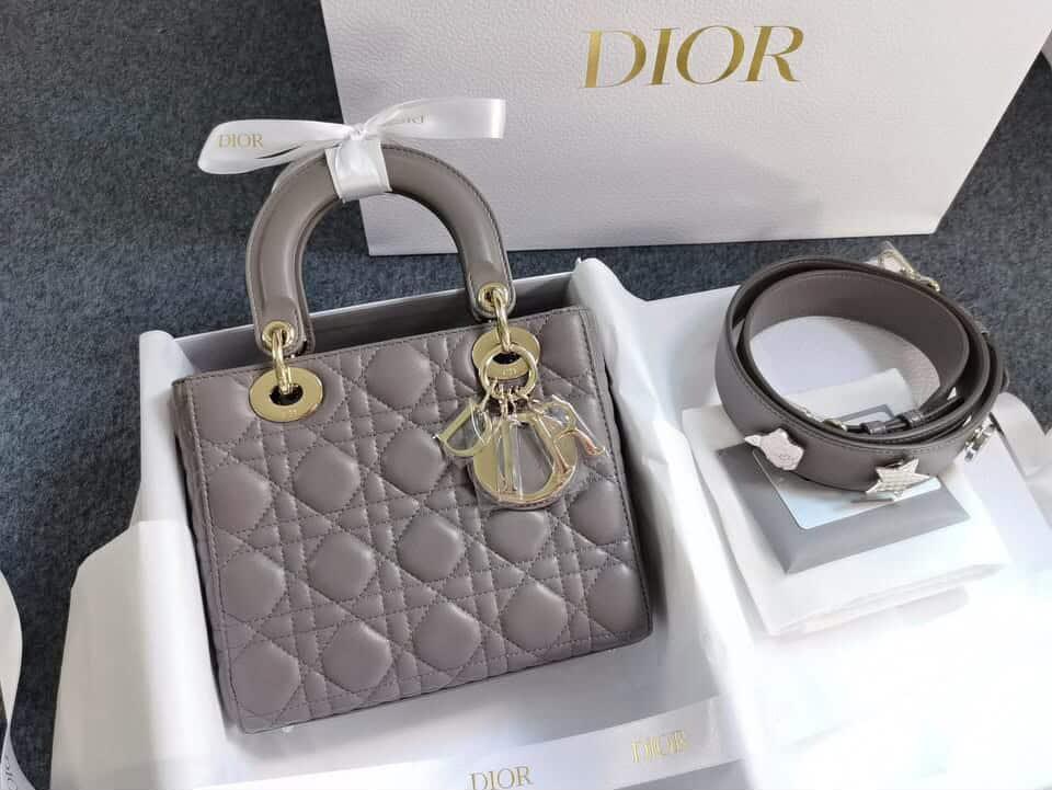 CHRISTIAN DIOR Lambskin Cannage Small My ABCDior Lady Dior in Grey