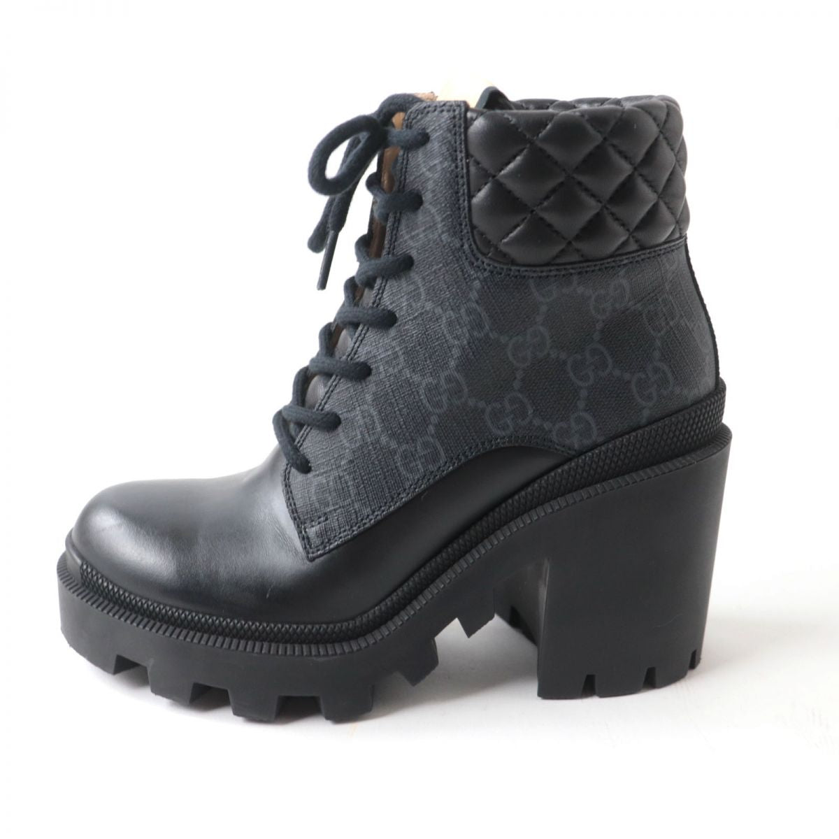 GUCCI boots GG Supreme Canvas x Leather Gray x black Women 35 Used Authentic