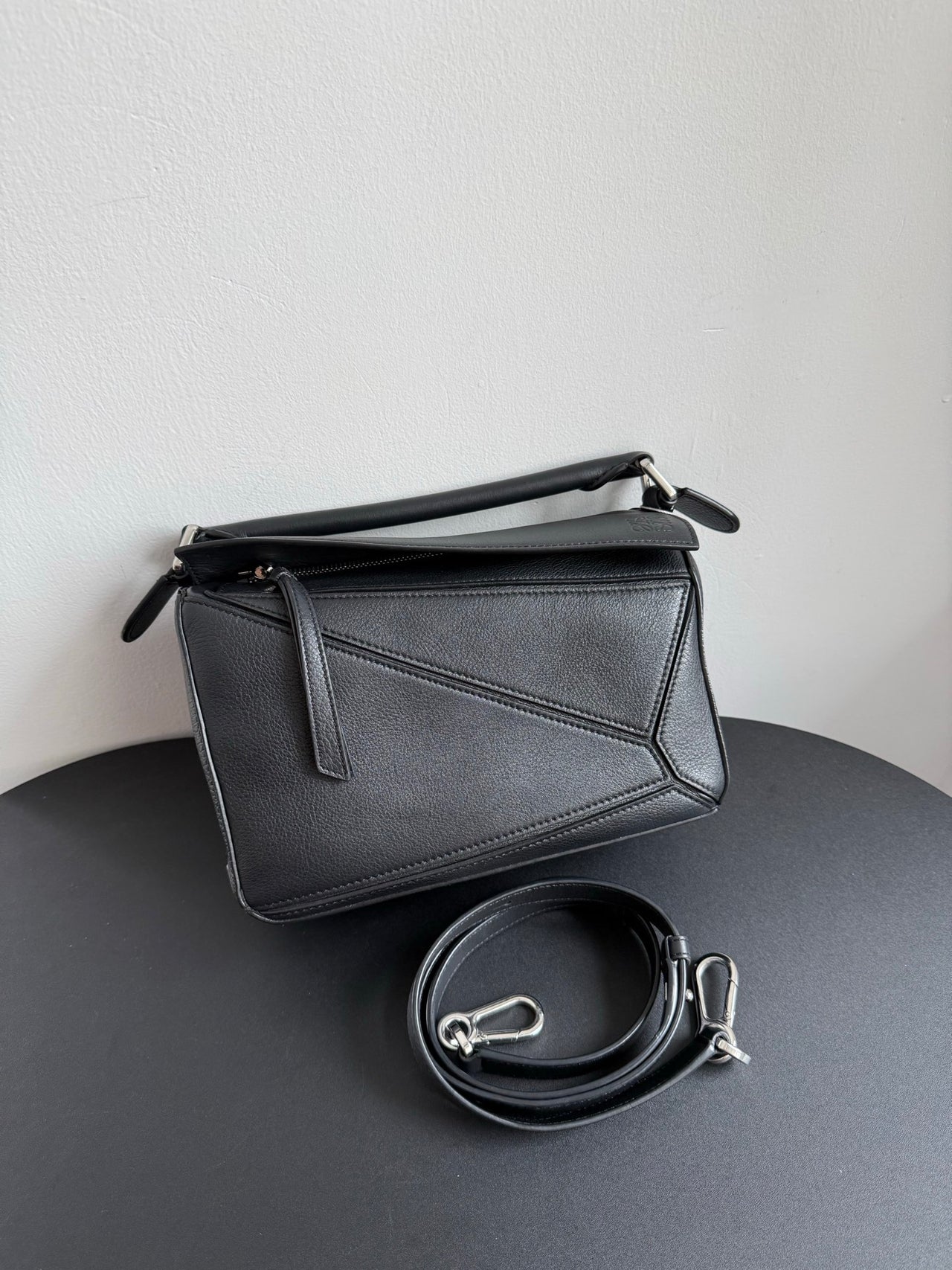 LOEWE Puzzle Small Bag – Black Leather with Silver Hardware