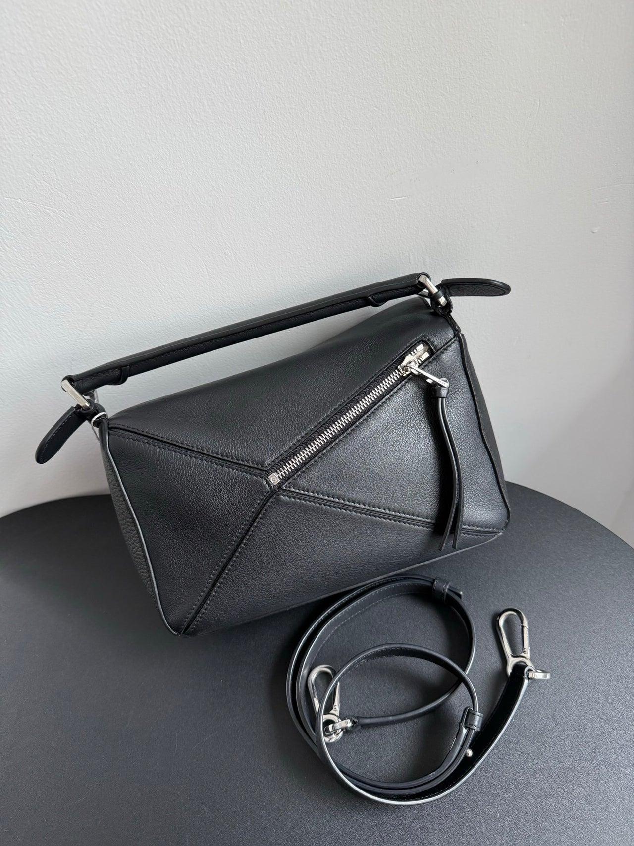 LOEWE Puzzle Small Bag – Black Leather with Silver Hardware