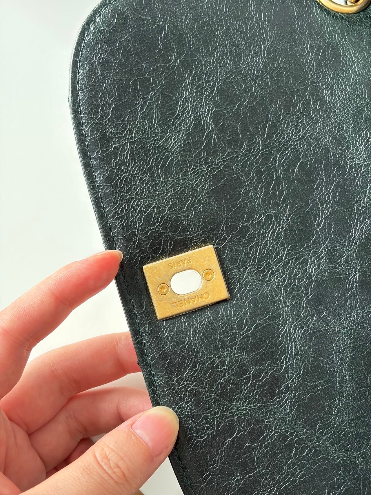 CHANEL Emerald Green V-Shaped Shoulder Bag – Oil Wax Leather